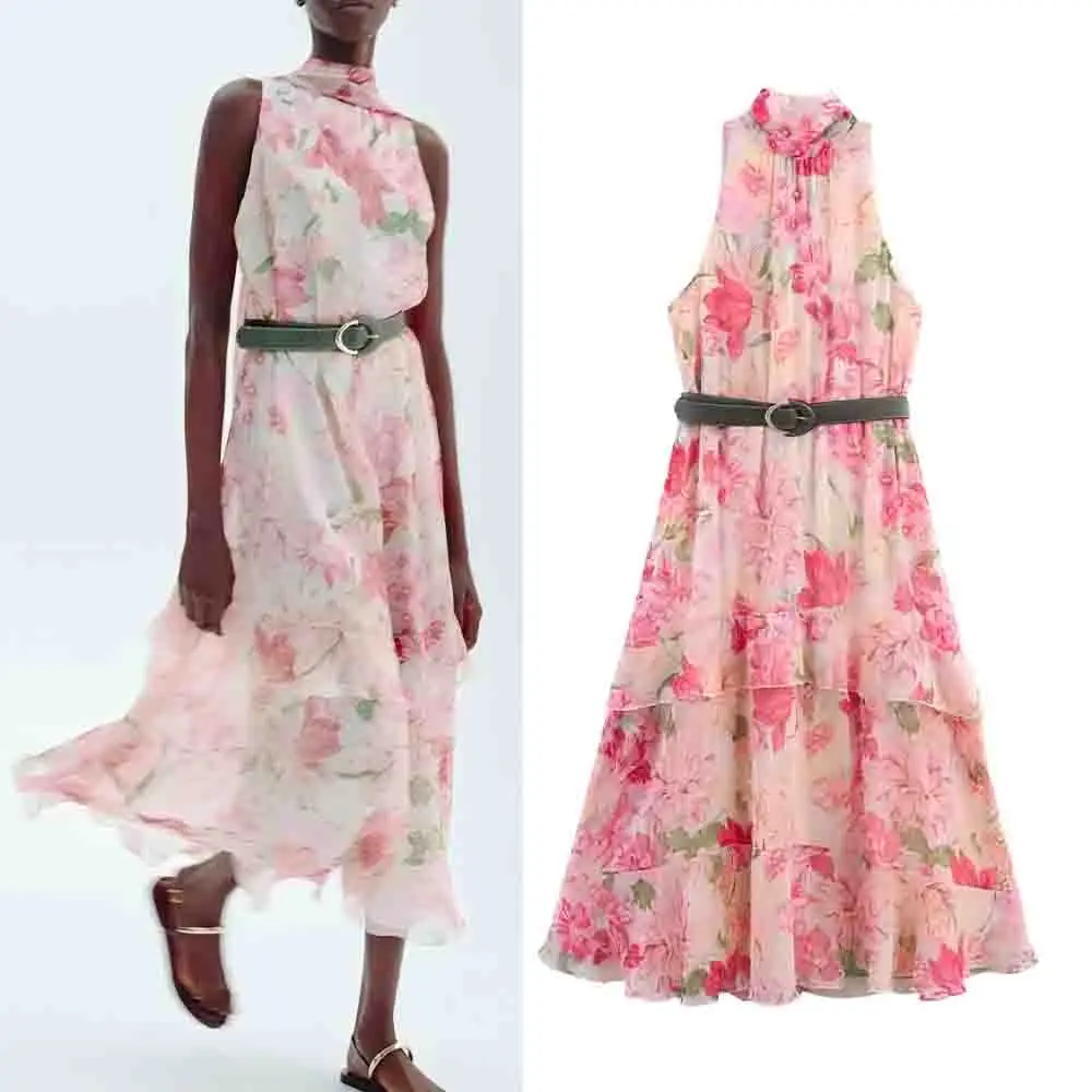 

Women's 2025 New Fashion With Belt Stacked Decorative Printed Hanging Neck Midi Dress Retro Sleeveless Women's Dress