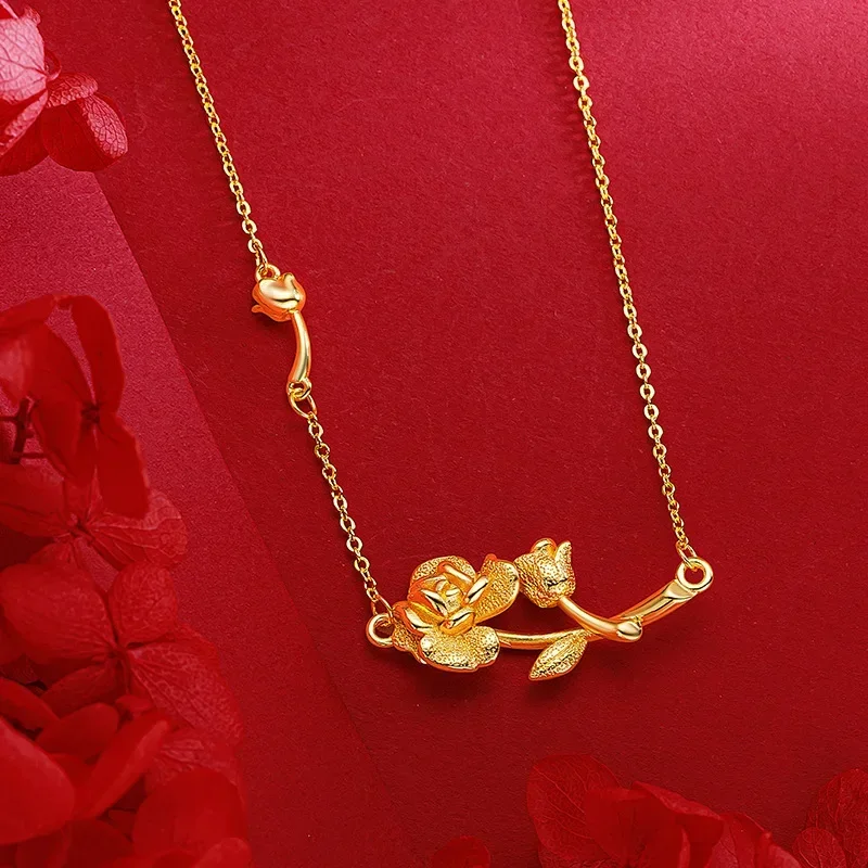 

9999 Real Gold 24K Premium Sunset Romantic Rose Clavicle Necklace Gold Niche Design Rose Flower Necklace