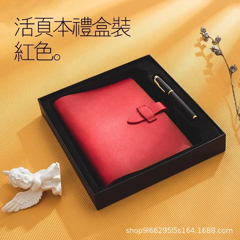 Soft leather retro loose-leaf notebook gift box set custom cowhide buckle two-layer notepad removable binder diary  school