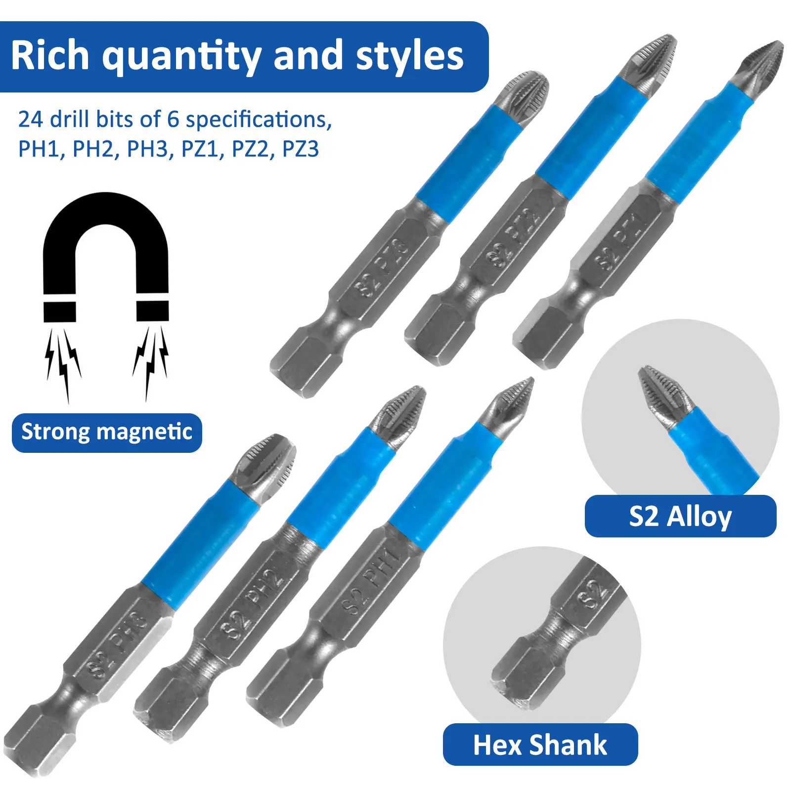 New 20Pcs Cross Head Screwdriver Bits S2 Alloy Steel 1/4 Inch Hex Shank Cross Slot Impact Driver Bit Set PH1 PH2 PH3 PZ1 PZ2 PZ3