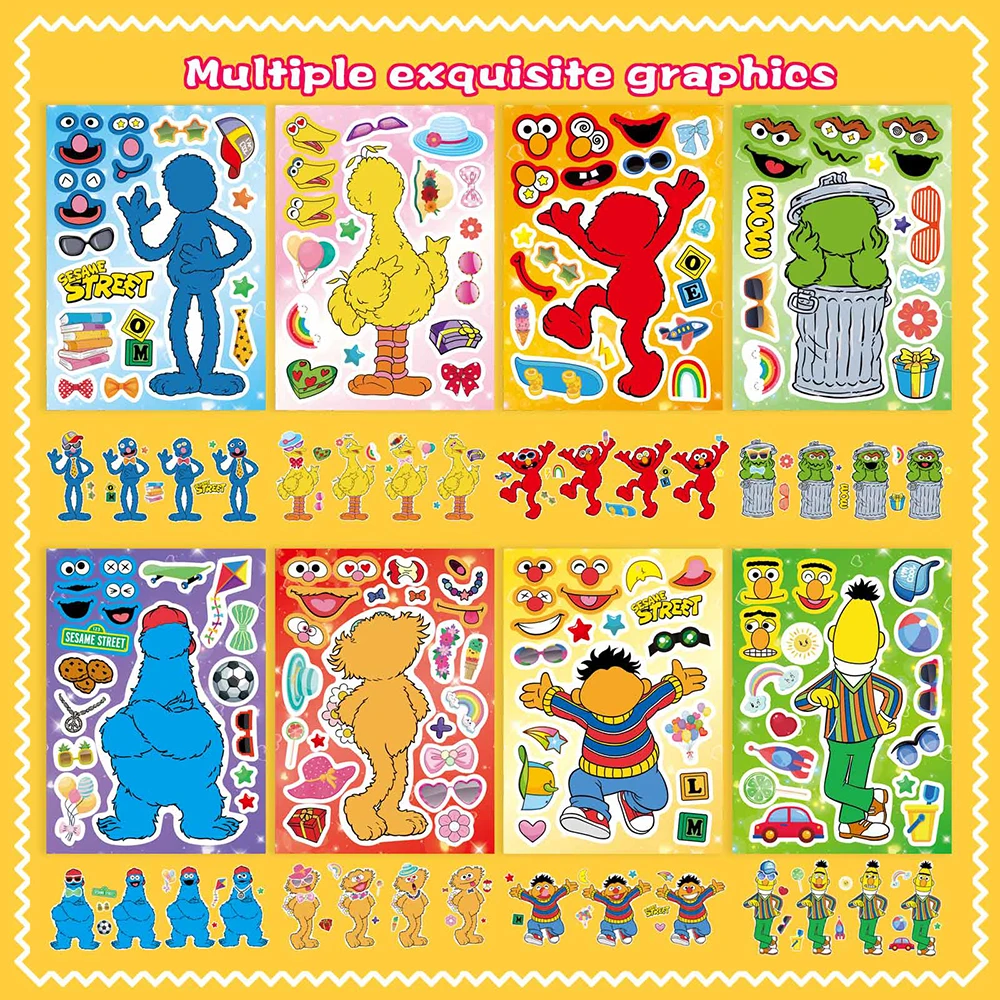 8/16Sheets Sesame Street Puzzle Stickers Make a Face Assemble Jigsaw DIY Cartoon Kids Education Toy Reward Party Decoration Gift