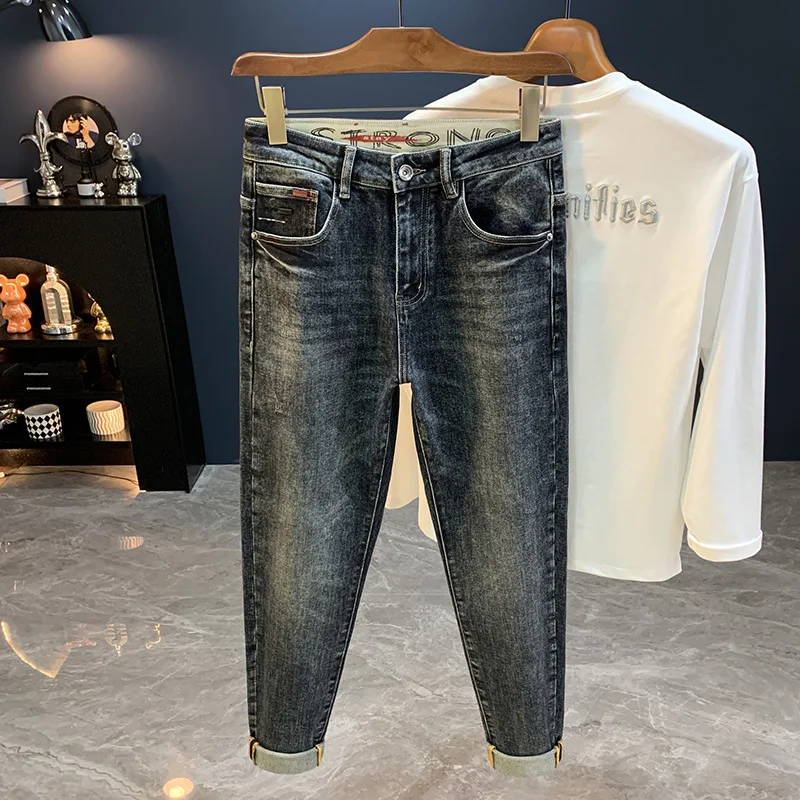 Новинка 2023 года, конические джинсы Micro Haren для мужчин, осенние модные универсальные повседневные эластичные свободные брюки на маленьких ножках