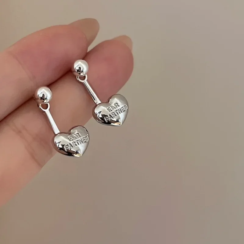 Heart Silver Color Back Hang Post Dangle Earring for Women Personality Simple Sweet Jewelry Wholesale Christmas Gift