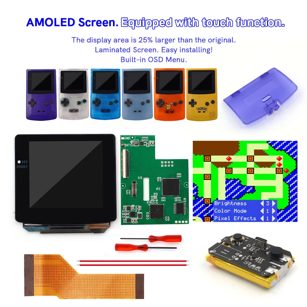 

Rechargeable OLED Screen Touch Laminated AMOLED Screen Drop in For GBC GameBoy Color w/Pre-cut Shell Type C Lithium Battery