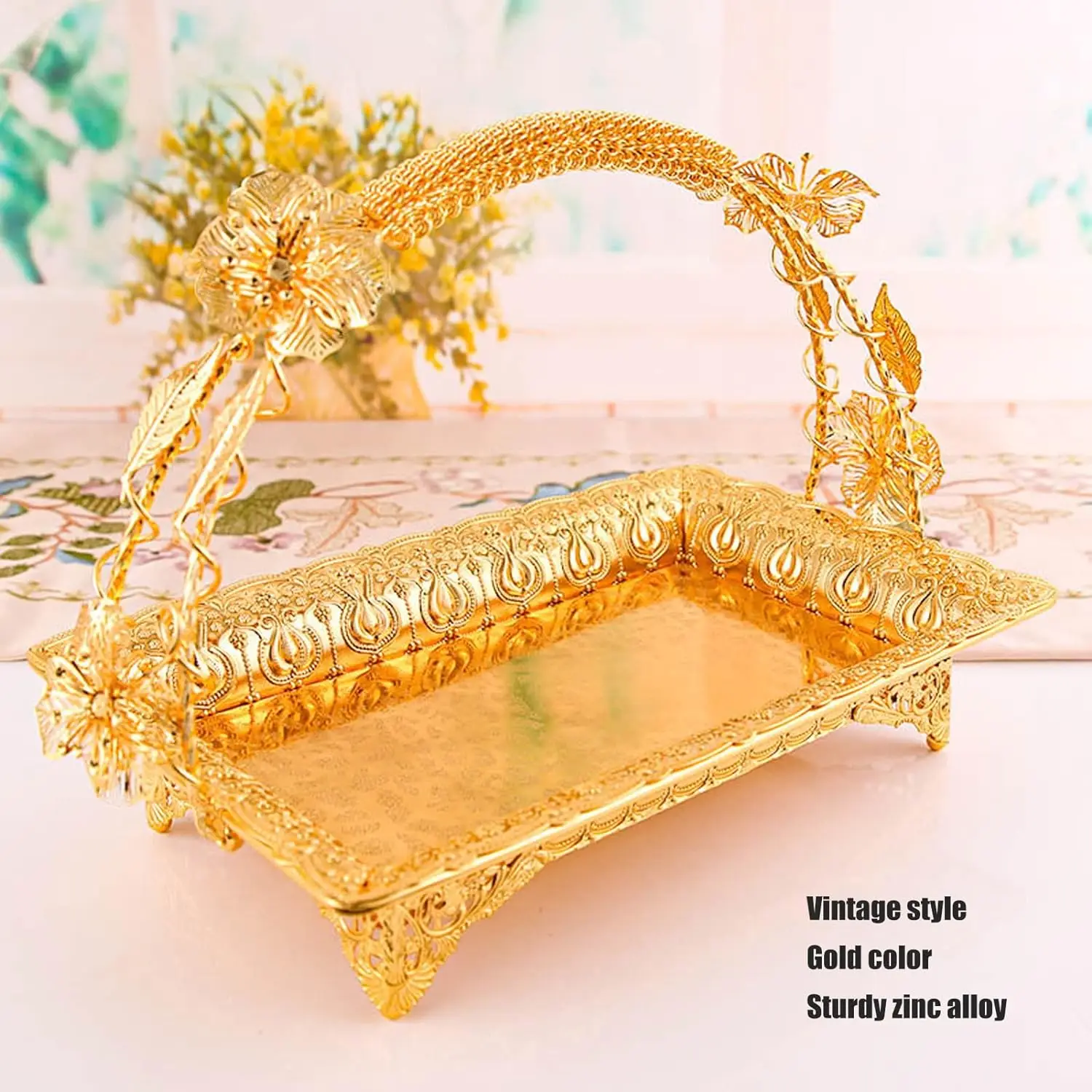 

Vintage Gold Zinc Alloy Coffee Serving Tray Sturdy Durable Metal with Handles and Carved Patterns for Party Snacks Mini Bars