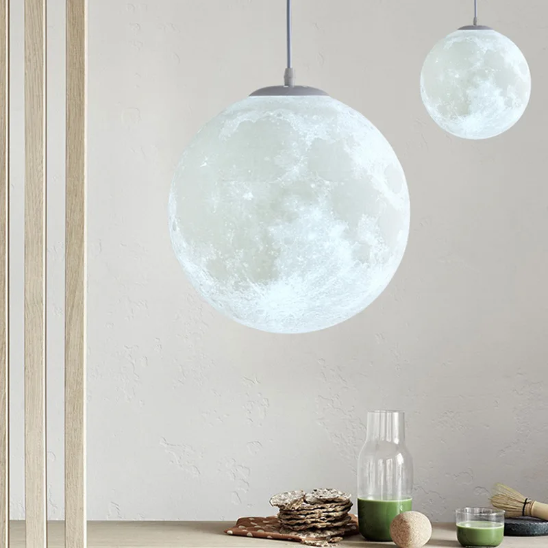 Modern Design Moon Ball Pendant Light PVA Print Vintage Realistic Lampshade Hanging Lamp Home Decor Restaurant Chandelier Lustre