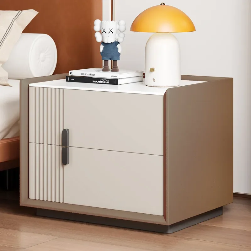 Minimalist Fluted Texture Bedside Cabinet Stone Tabletop Full Leather Wrapped Frame Bedroom Decor Storage Nightstand End Table