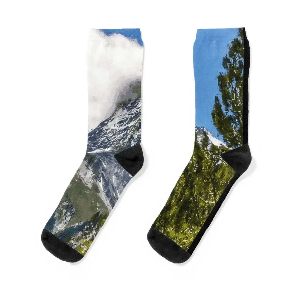 Matterhorn Mountain Switzerland Zermatt, European Swiss Alps Mountains, Winter Matterhorn Landscape Oil Paint, Switzerland Socks