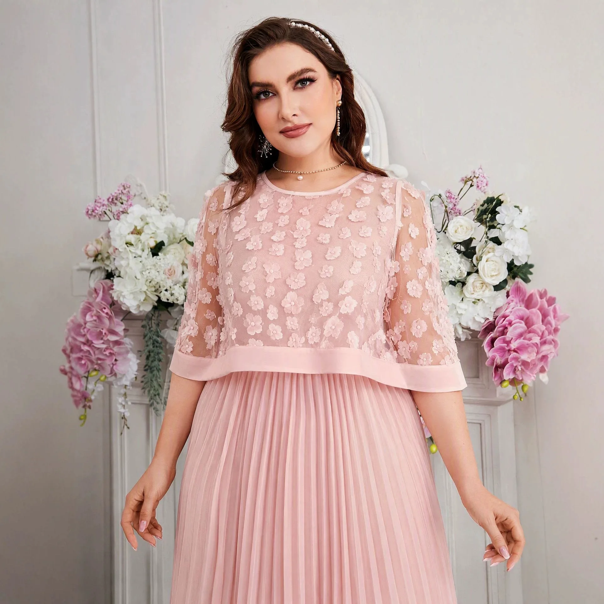 26 Plus. Size. New Mesh Blouse Pleated Tank Top Long Skirt Two-piece Clothes Set Women's Clothing Robe Femme Clothes