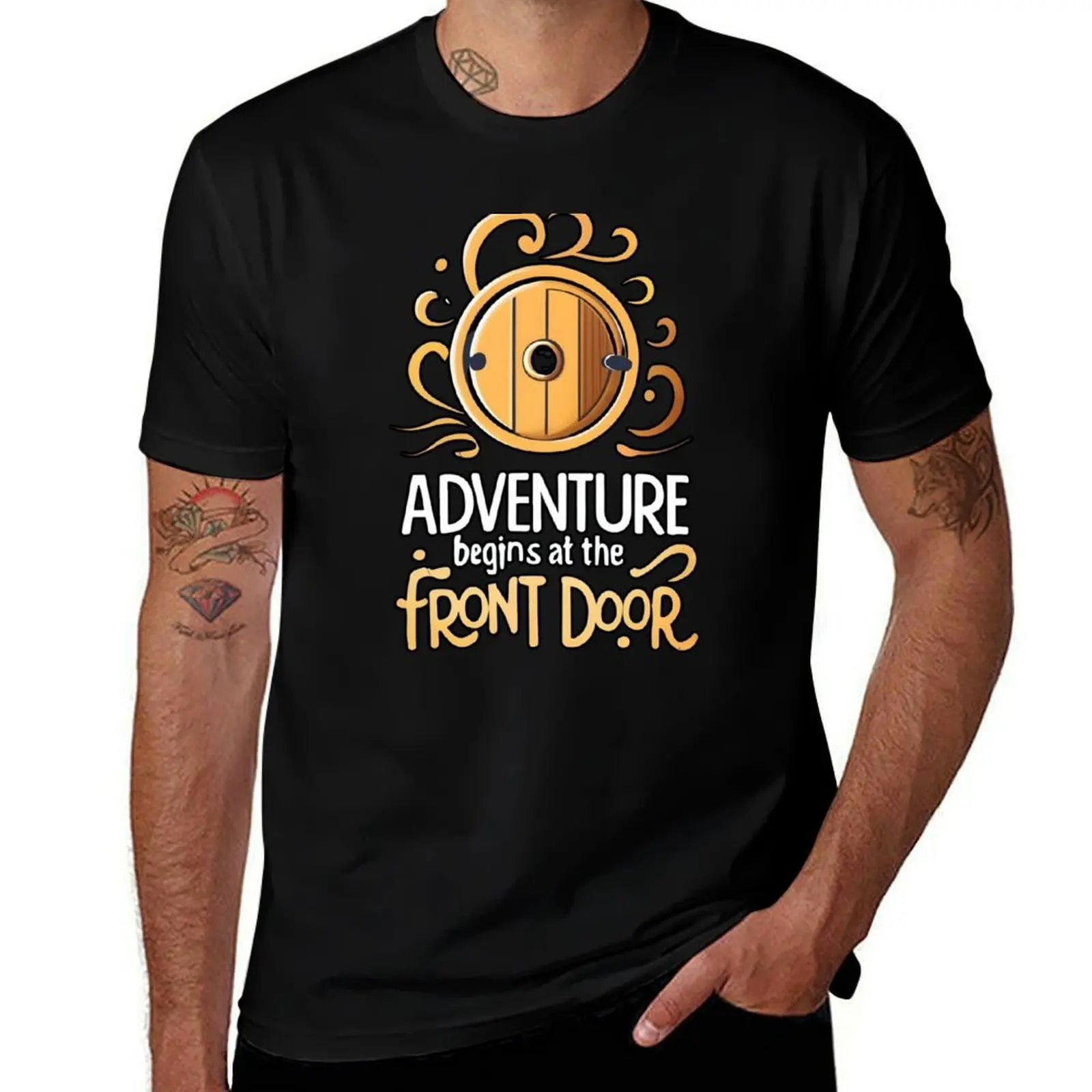 

Adventure Begins at the Front Door - Typography - Fantasy T-Shirt t shirts for man cotton soft T-Shirt