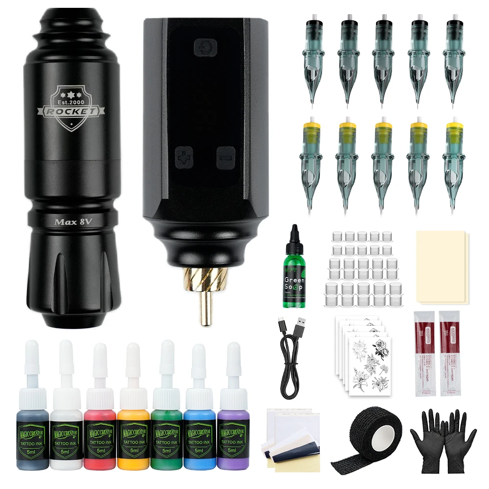 Kit de tatuaje para principiantes, juego de bolígrafos Tattoo Rocket, máquina todo en uno para dibujar líneas y sombrear, herramientas de práctica de tatuaje, juego de máquina de tatuaje motorizada todo en uno, juego completo