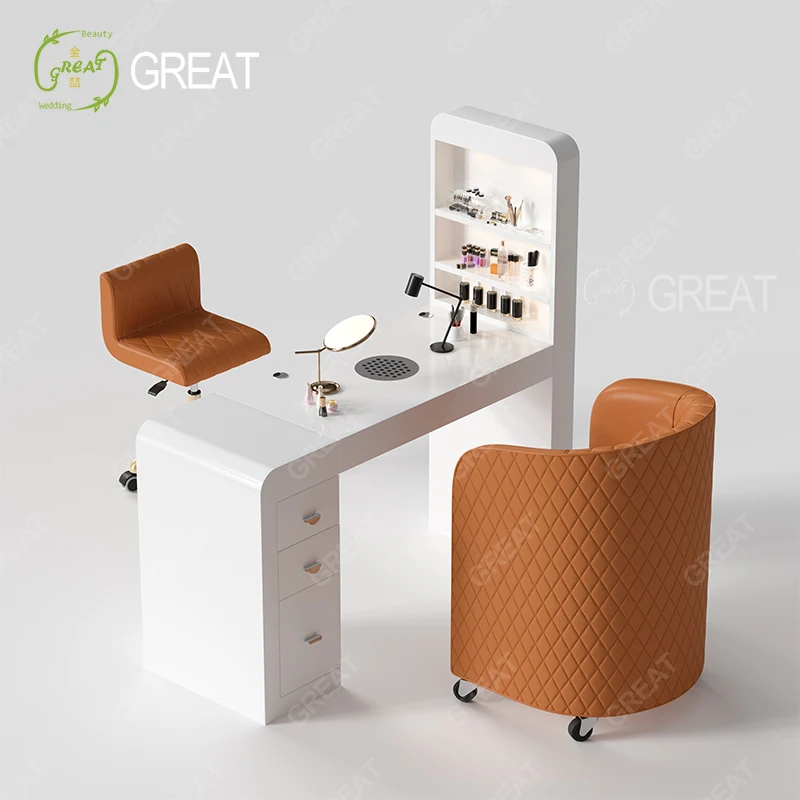 Conjunto de mesa e cadeira moderna de madeira branca para arte em unhas estilo 2025 para salão de beleza, terapia, manicure e pedicure