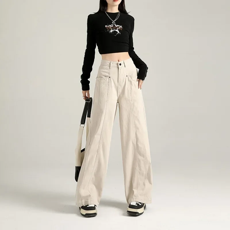 

2024 Summer New Vintage High-waisted Loose-fit Straight-leg Wide-leg Casual Pants Women's Cracker Khaki Workwear Jeans