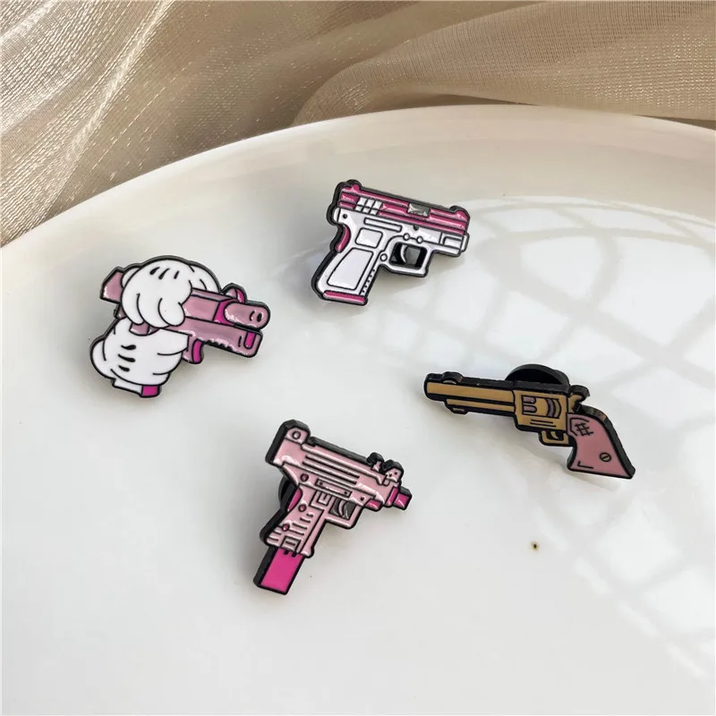 Cute Pink Pistol Enamel Brooch Cartoon Girl Weapons Metal Badge Clothes Collar Pins Bag Accessories Kids Gifts Jewelry