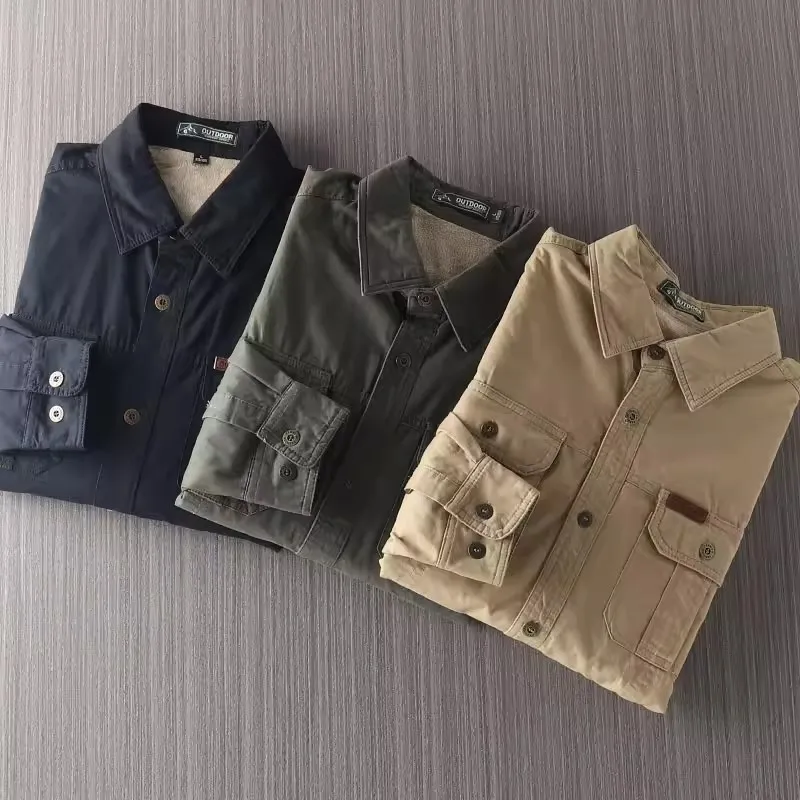 

Мужская зимняя утепленная теплая рубашка из хлопковой фланели с длинным рукавом, повседневная, в стиле ретро, рабочая одежда, с множеством карманов, на флисовой подкладке, ветрозащитная