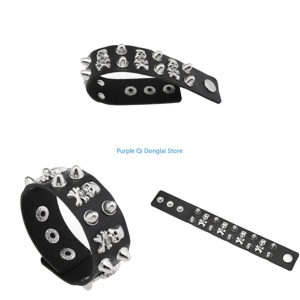 L21E Edgy PU Leather Cuff Featuring Gothic Skull Metal Rivets for Stage Performances and Rock Fashion Enthusiasts