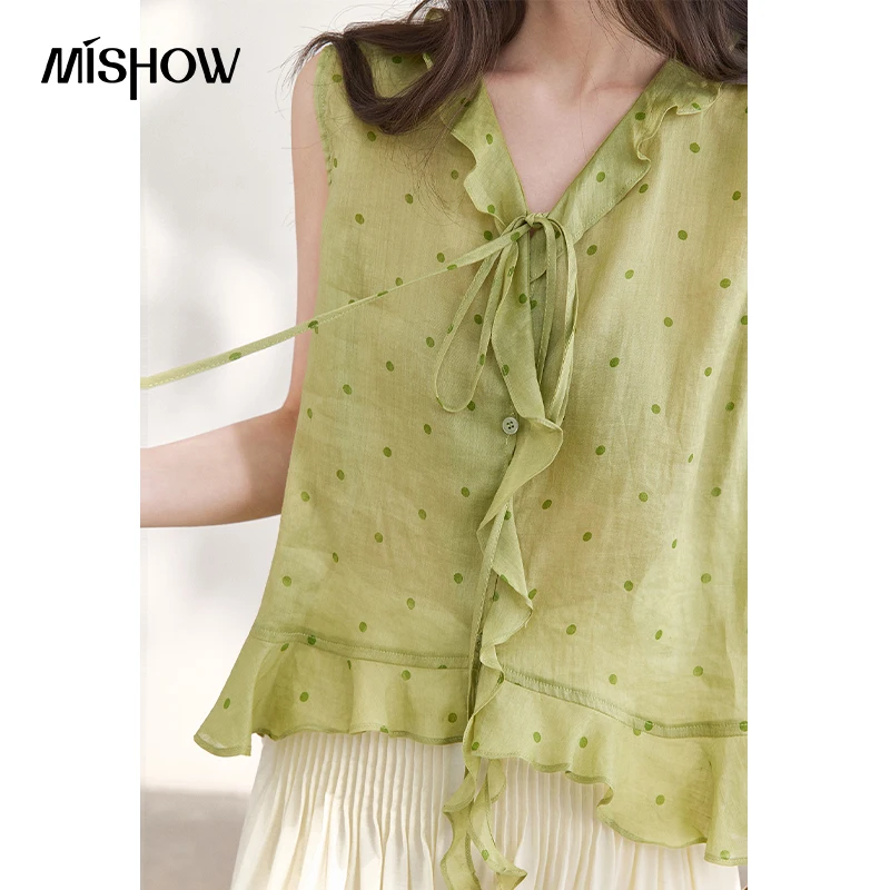 MISHOW Women's Green 100% Ramie Polka Dot Blouse 2026 Summer V Neck Ruffle Tie Front Sleeveless Casual Vest Blouse MXF29X2715 - view 2