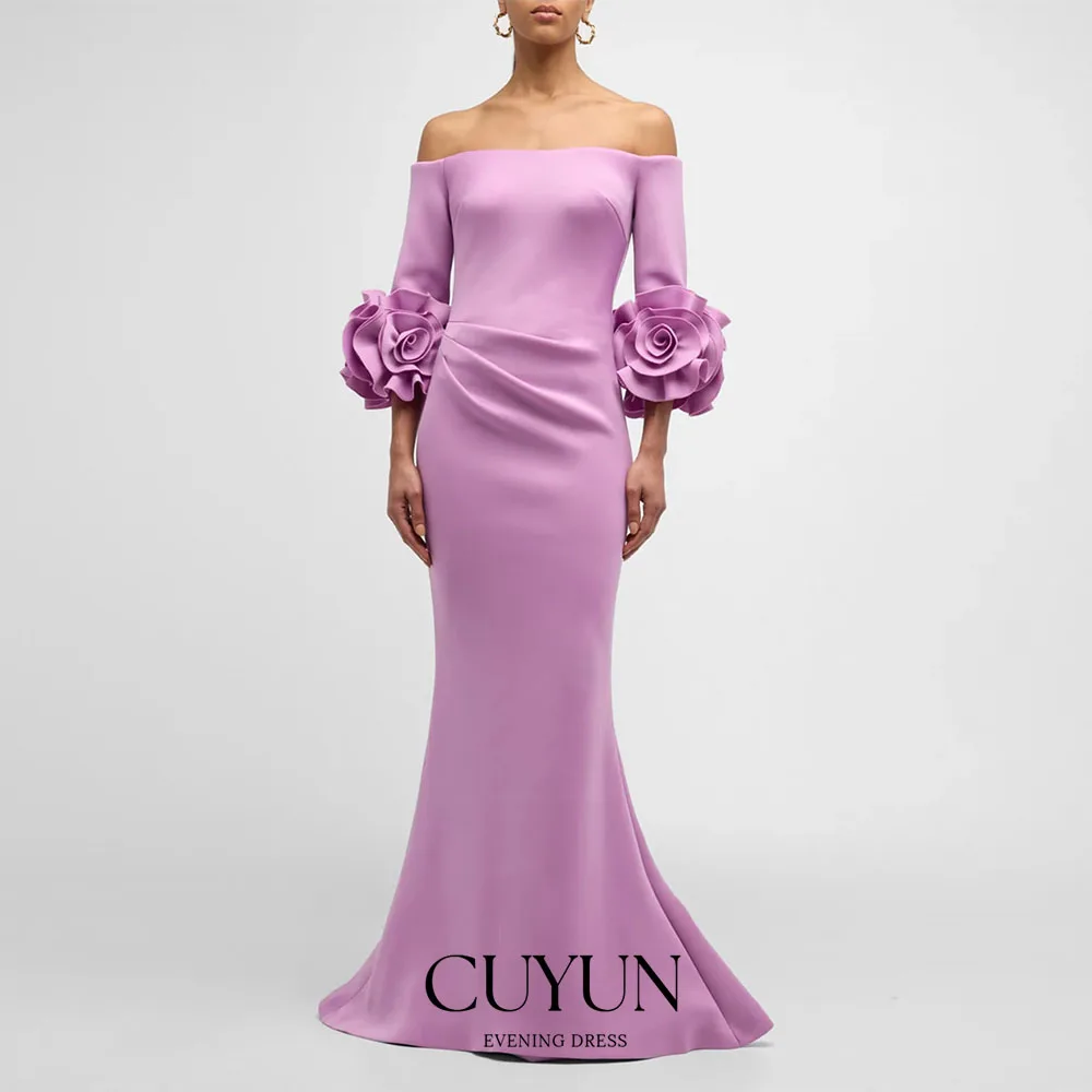

CUYUN Customized Lavender Evening Dresses Semi-Mermaid Prom Gown Customized Boat Neck 3/4 Flower Sleeves Arabic Party Dresses