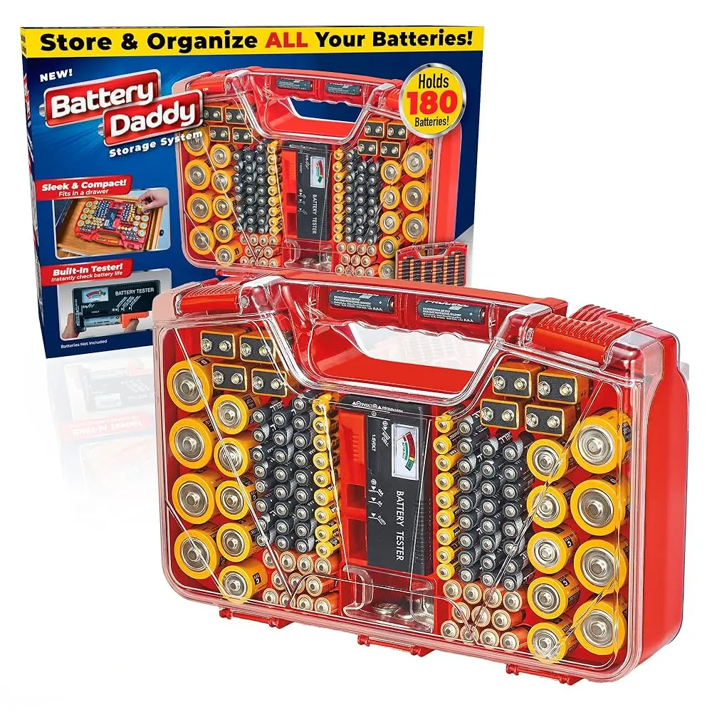 

Battery Daddy - Battery Organizer Storage Case With Tester, Stores & Protects Up To 180 Batteries, Clear Locking Lid, As Seen