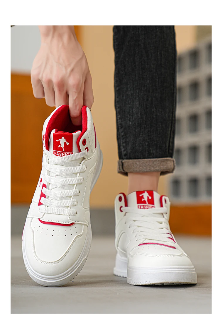 Klassische weiße High-Top-Sneaker für Herren, atmungsaktive Streetwear-Schuhe mit blauen und roten Akzenten – Detail 7