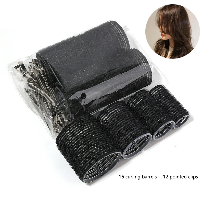 16pcs/set Black Self-Grip Hair Rollers With Clips Heatless Hair Roller Jumbo Sticky Hair Roller Set Salon Hair Dressing Curlers