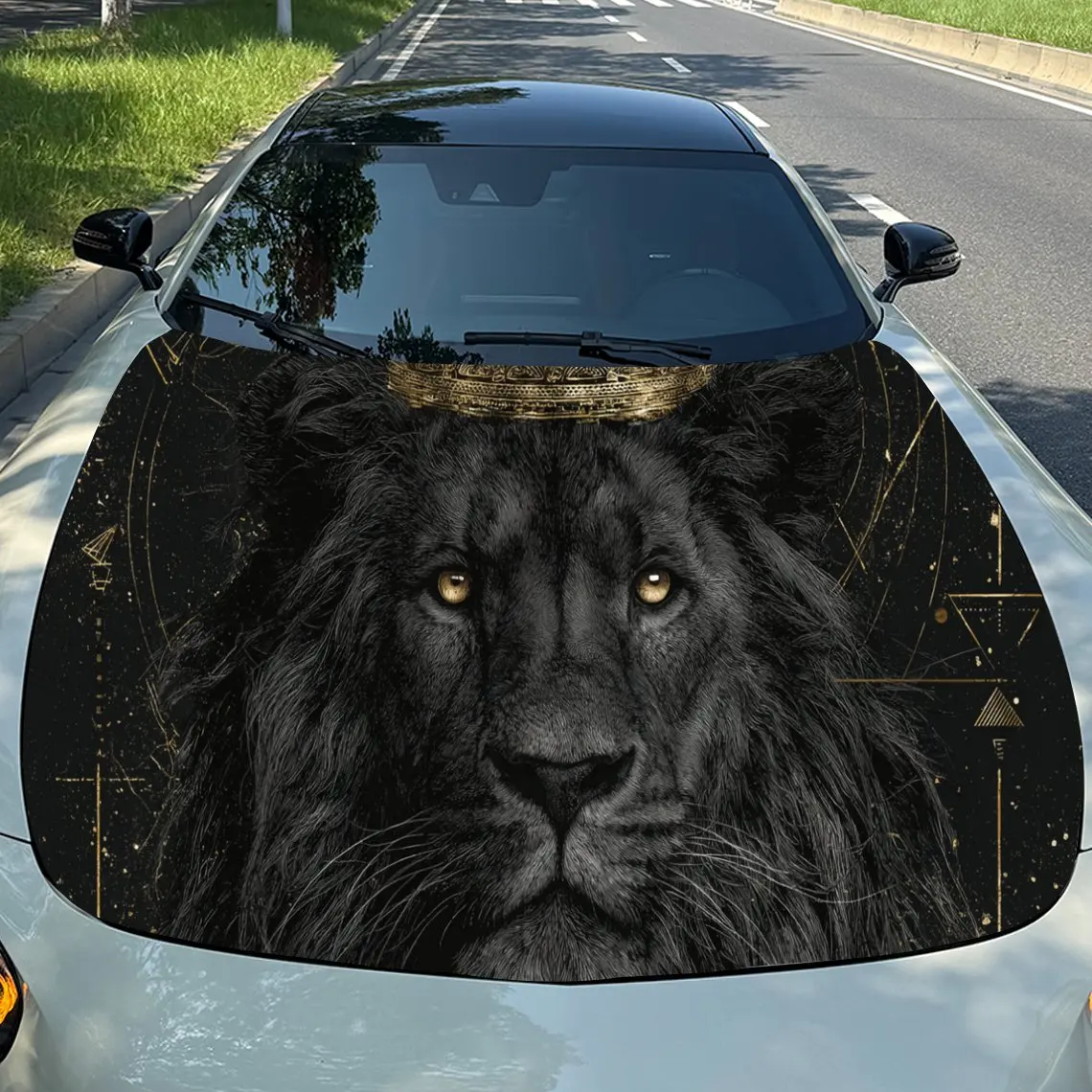 

Golden Crown Lion Royal Charm PVC Car Engine Hood Vinyl Wraps, Self-Adhesive Waterproof Car Hood Decal Sticker,
