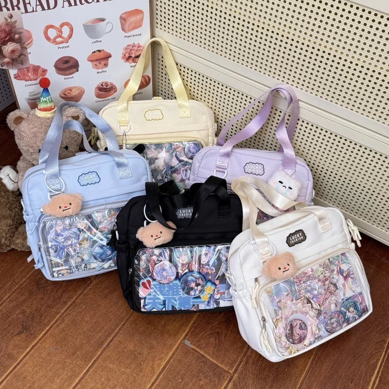 Y2K Women Ita Backpacks Fashion DIY Badge Knapsack Cute Girl Transparent Pocket Casual Nylon Large Capacity Shoulder Bag Handbag