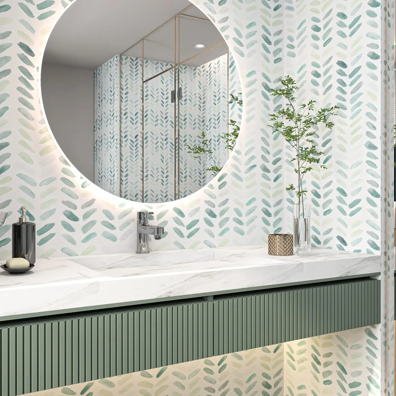 Green White Wallpaper Peel and Stick Wallpaper Boho Contact Paper for Cabinets Leaf Wallpaper for Bedroom Self-Adhesie Stickers