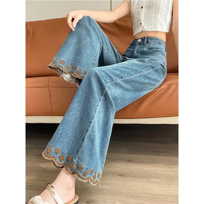 Jean taille haute avec boutons et fermeture éclair pour femme, vêtement assorti avec tout, Style chinois, jambes larges brodées, nouvelle mode coréenne automne 2025