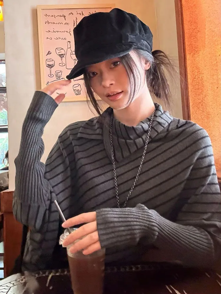 Autumn New Women Grey Striped Bat‑wing Sleeve Knit Sweater Lazy‑style Loose Pullover Casual Atmosphere Tops