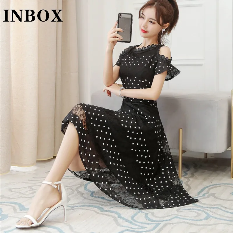 Summer Romantic French Off The Shoulder Black Dot Midi Dress Lace Patchwork Swing Multi Layer Dress Woman