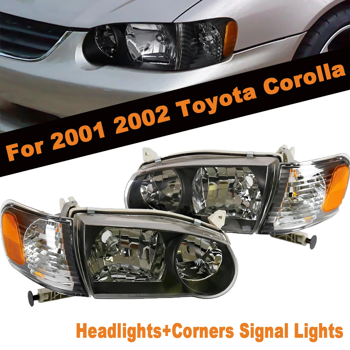 Black Headlights JDM Style W/ Corner Signal Lamps Assembly Left + Right For 2001 2002 Toyota Corolla