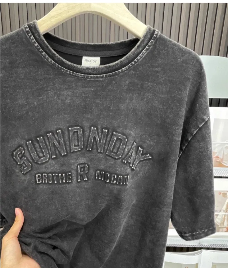 Distressed Washed Black Cotton Oversize T-shirts America Hip Hop O-neck Short Sleeve Tops Summer Casual Harajuku Couples Tees