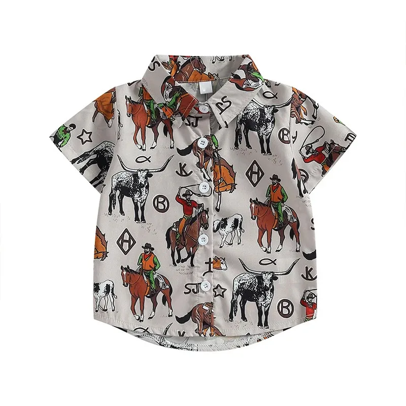 Kids Boys Shirts Western Style Cow Head Print Turn-Down Collar Fashion Short Sleeve Shirts Summer Casual Fashion Tops