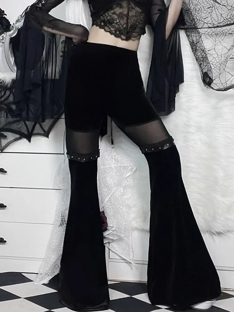 WOWOOTD Y2K Velvet Pants Gothic See Through Winter Mesh Patchwork Grunge Streetwear Vintage Black E Girl Leg Belted Flared Pants