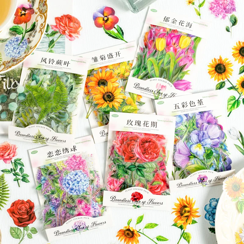 100pcs/1lot Kawaii Scrapbook Sticker Sea of Flowers Scrapbooking Supplies diary Planner Decorative Craft Stationery Sticker