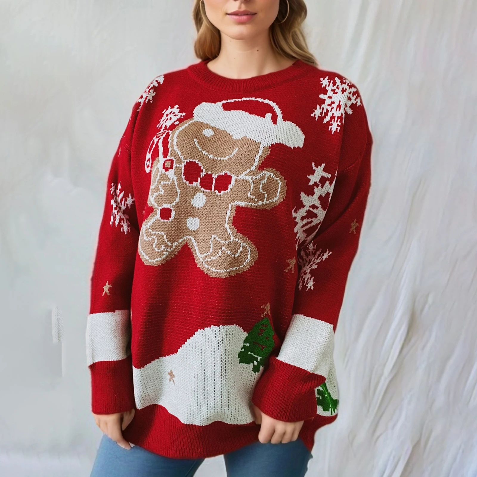 Christmas Gingerbread Print Knit Sweaters for Women Fall Winter Long Sleeve Round Neck Loose Pullover Tops Jumpers