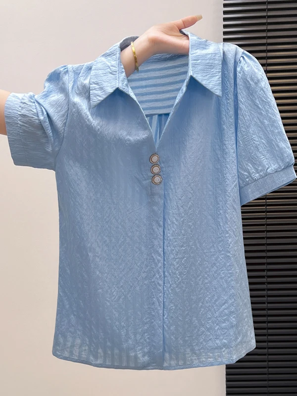 

Элегантная универсальная женская шифоновая блузка с коротким рукавом, летняя коллекция 2026, модная, омолаживающая, для невысоких, прямого кроя