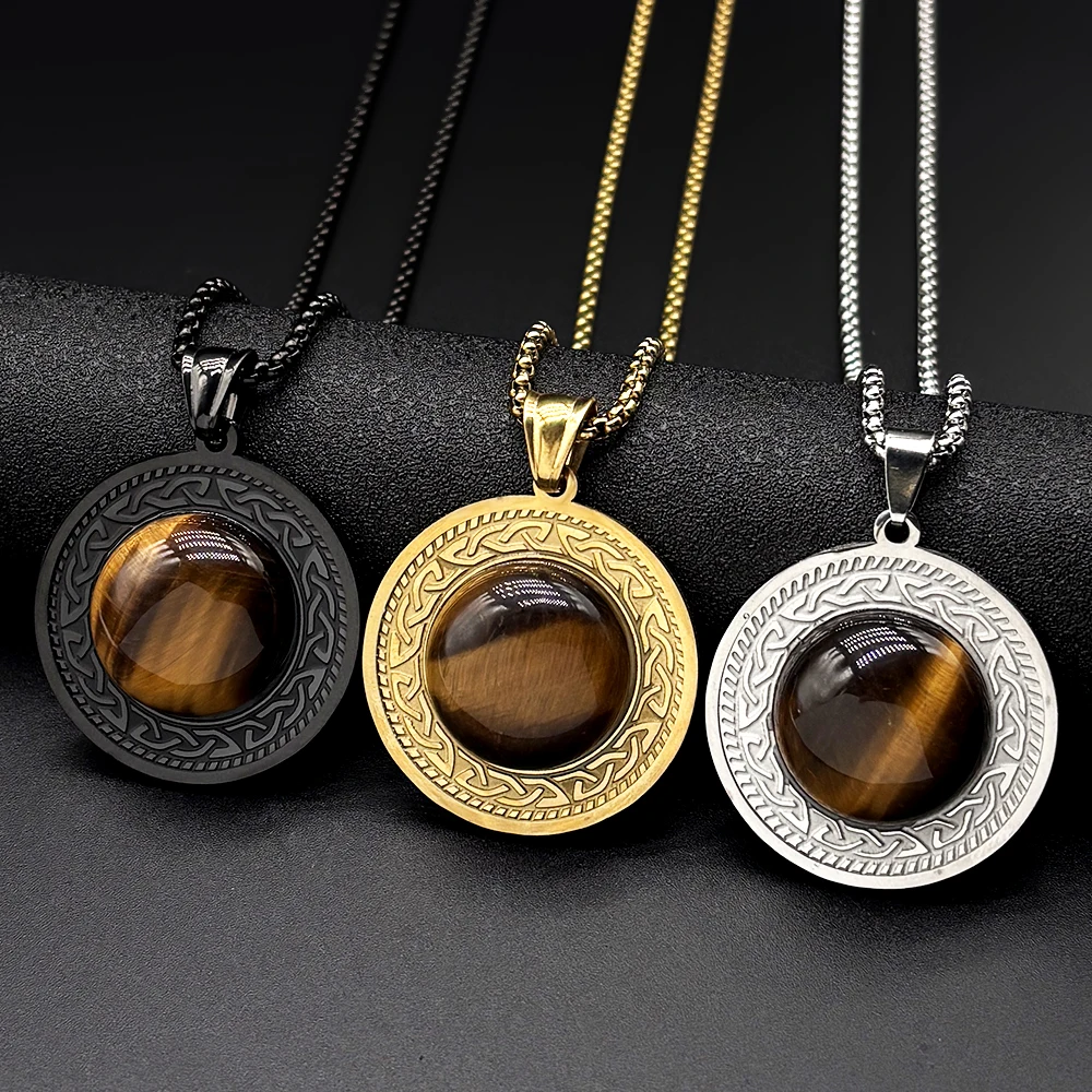 Witch Celtic Irish Knot Tiger Eye Stainless Steel Gold Color Round Pendant Necklaces for Women Men Natural Stone Chain Jewelry