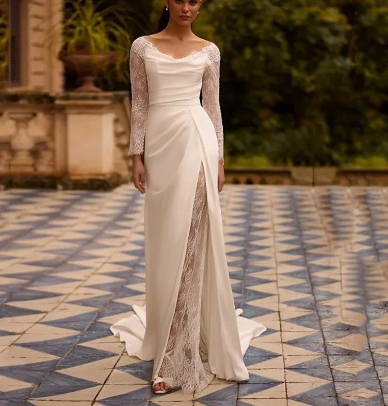 ชุดแต่งงานทรงเอไลน์สุดหรู ปี 2026 คอวี ประดับลูกไม้ ผ้าซาติน แขนยาว สำหรับเจ้าสาว งานแต่งงาน ชุดราตรี ชุดเจ้าสาว