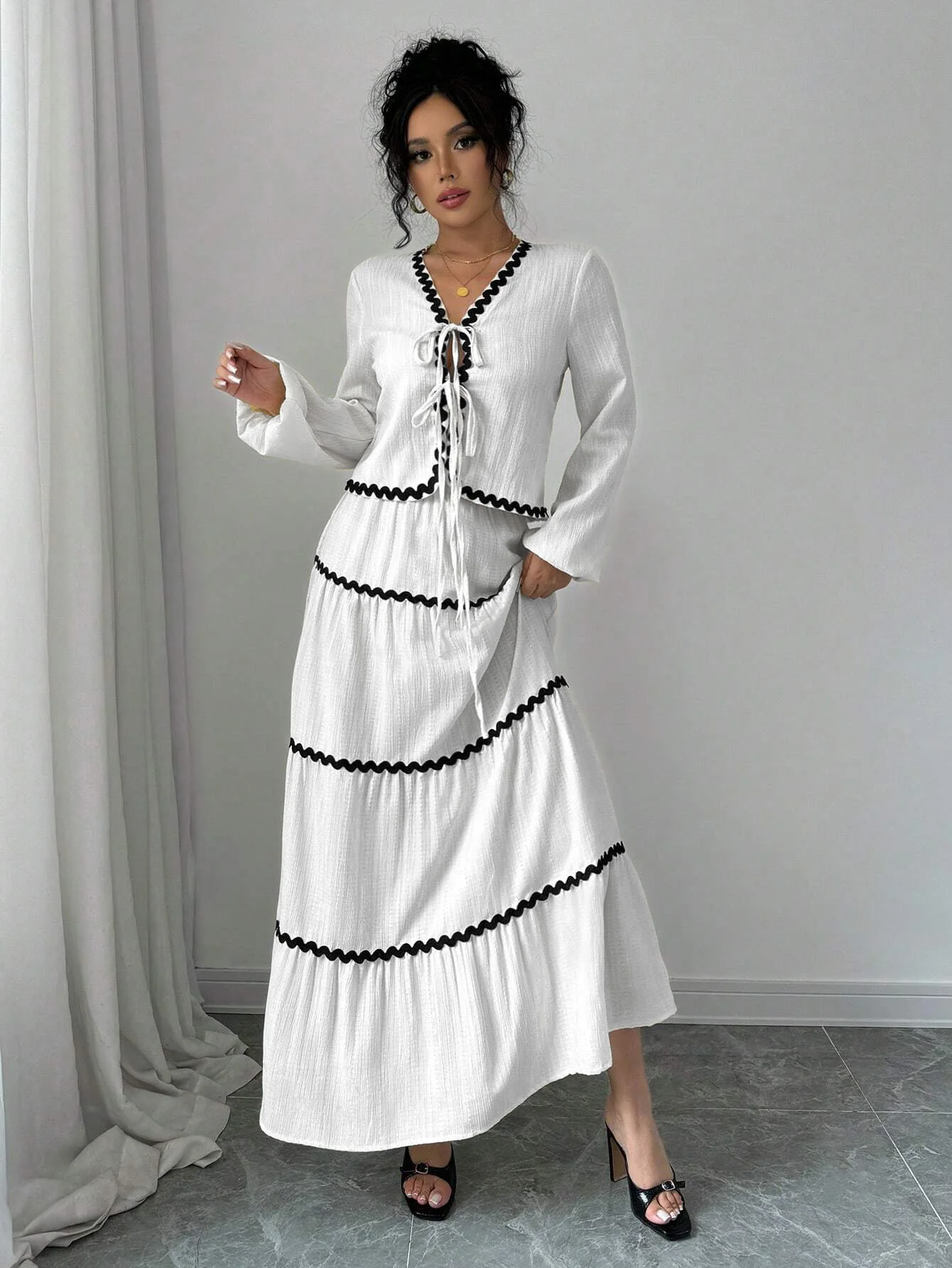 Women's Autumn Winter 2-Piece Set Dress, Casual Long Sleeve Tie-Up Top, High Waist Elegant Skirt, Perfect for Sunny Days - Image 3