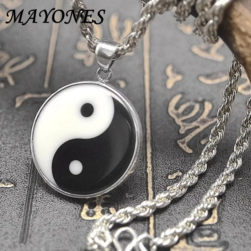 Thai Handmade Silver S925 Sterling Silver Tai Chi Diagram Pendant for Men and Women Retro Thai Silver Bagua Chain Pendant