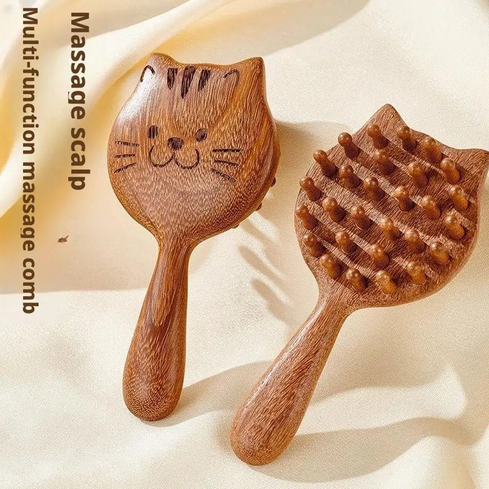 Gold Thread Sandalwood Detangling Brush Massage Comb Creative Cartoon Cute Cat Long Hair Comb Home Use Thick Tooth Comb view 3