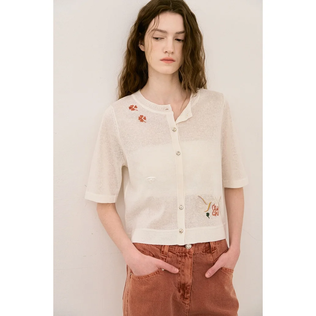 

Ele Knitted Four-le Clover Open Cardigan round Ne Embroidery Slimming Knitwear Casual Summer Top Korean Sle