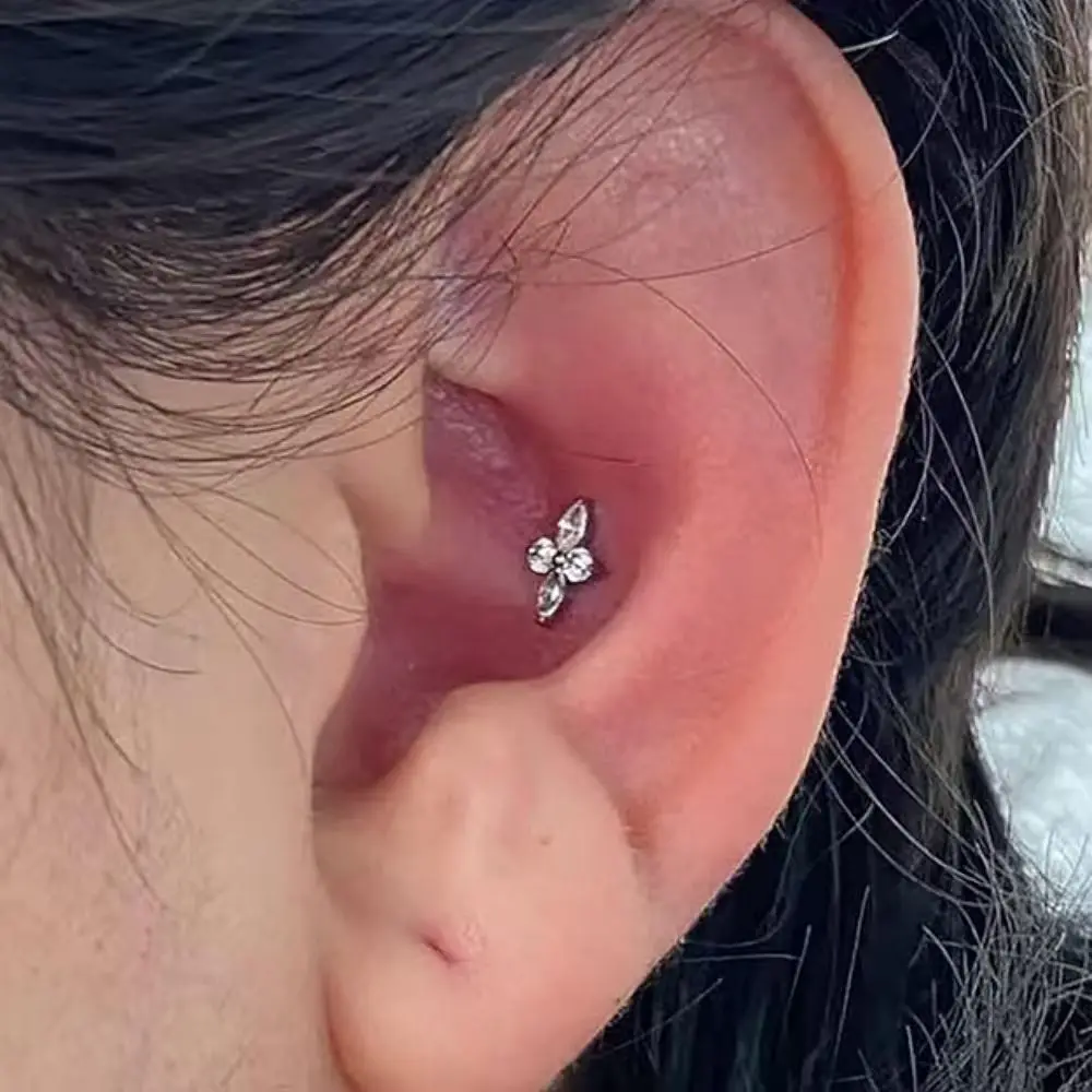 16G G23 Titanium Internal Thread Earrings with CZ Lucky Clover - Labret Tragus Helix Cartilage Flat Back Lip Piercing Jewelry