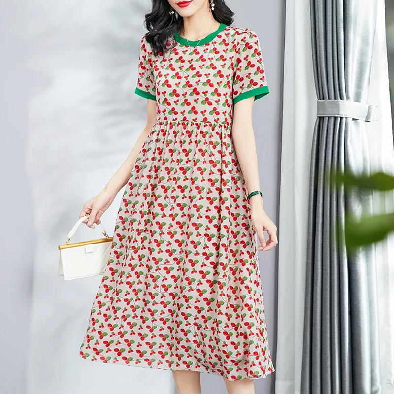 

Summer Dresses Woman 2024 Elegant Chic Short Sleeve Print A-line Women's Casual Long Dress 100% Pure Real Silk Women Maxi Dress