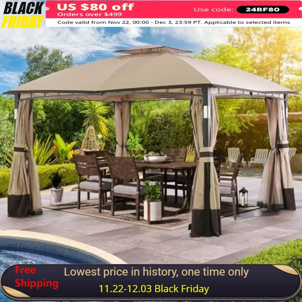 

Gazebos, 11'x13' Gazebo with LED Lights, Stable Metal Frame, Double Roofs, Netting and Curtains, Heavy Duty Outdoor Gazebos