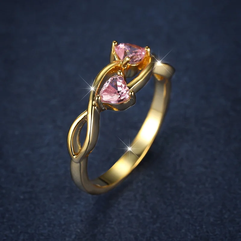2026 New High-end Double Heart-shaped Pink Zircon Ring with Interwoven Twisted Arm Design and Atmosphere Matching Accessory