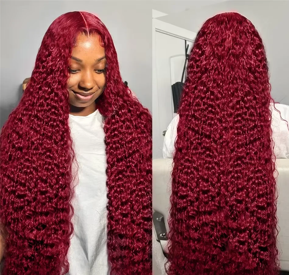 

Burgundy 99J Red Colored Brazilian Human Hair Deep Wave 13x4 13x6 HD Lace Frontal Wig 220 Density Lace Frontal Wig For Women