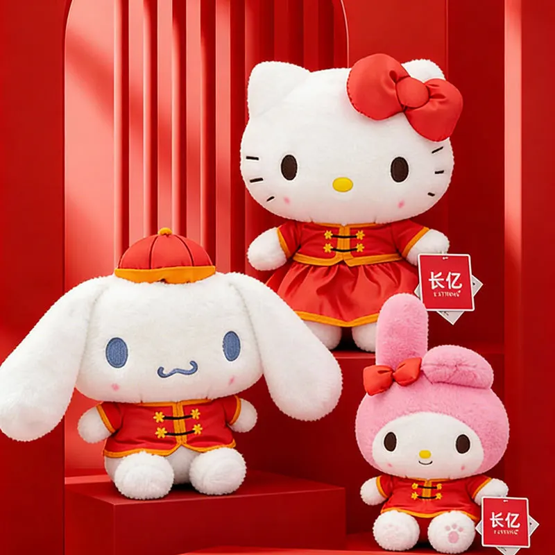 サンリオ-ハローキティ-レッド-伝統的な中国服-プラッシュペンダント-ハート-カラビナ-キーリング-人形-バックパック飾り-ホリデープレゼント